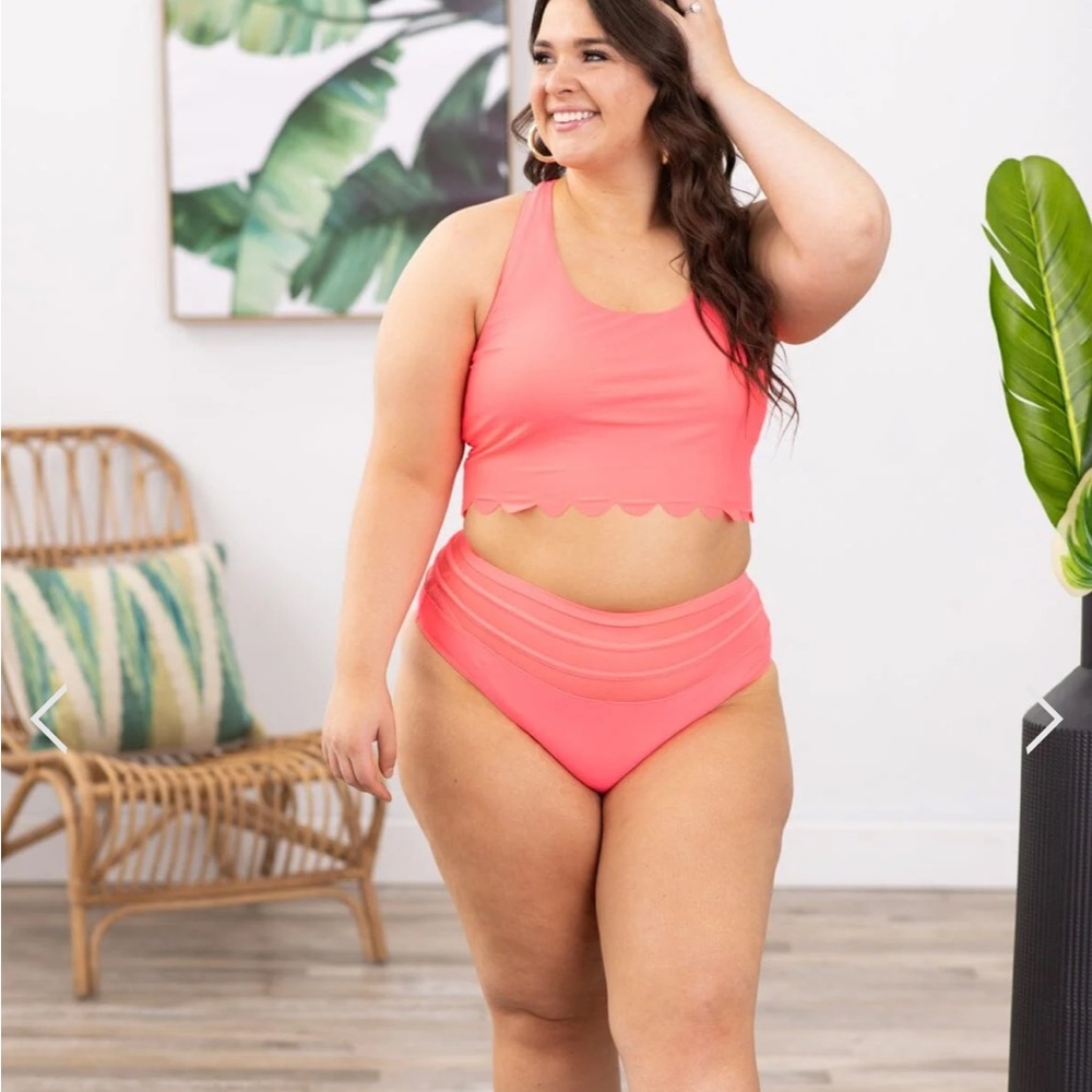 NEON PINK SCALLOPED TANKINI TWO PIECE SWIMSUIT - XL